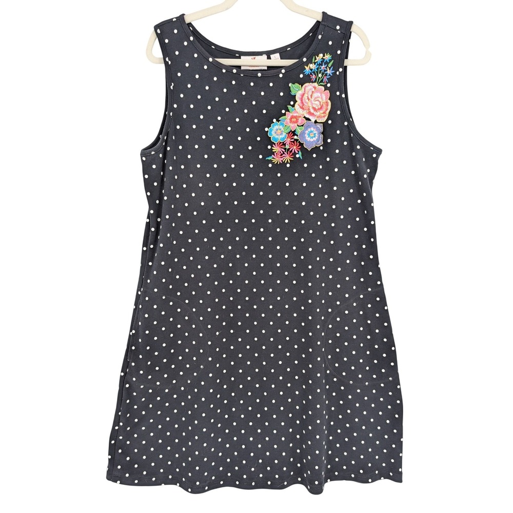 Quacker Factory Polka Dot Dress Large Black Floral Embroidered Retro Mod Spring